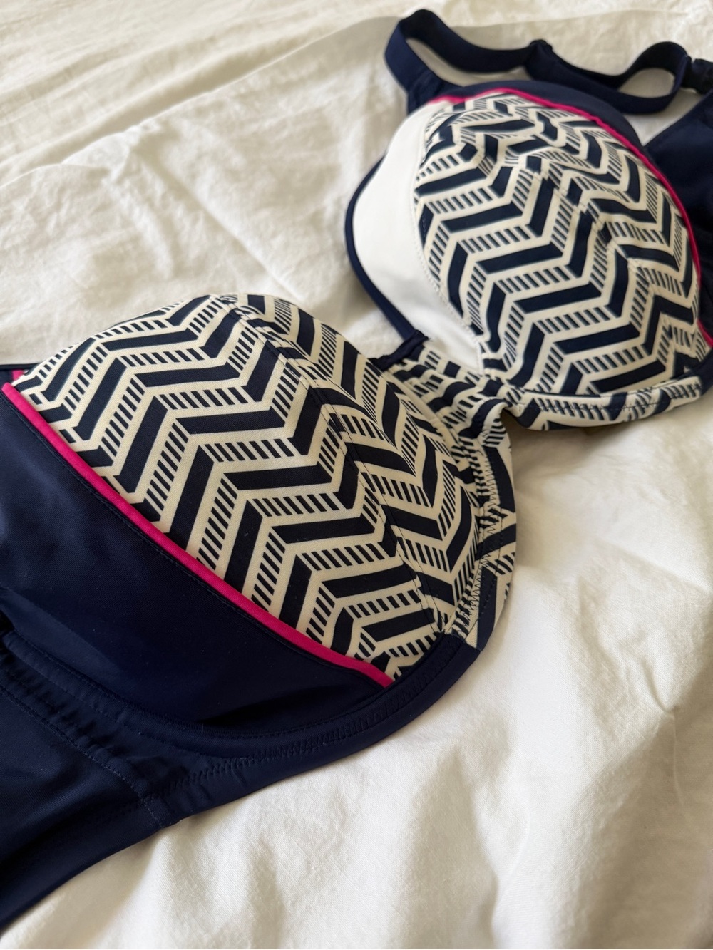 Elomi Navy Chevron Bikini Top with Pink Trim - 38J